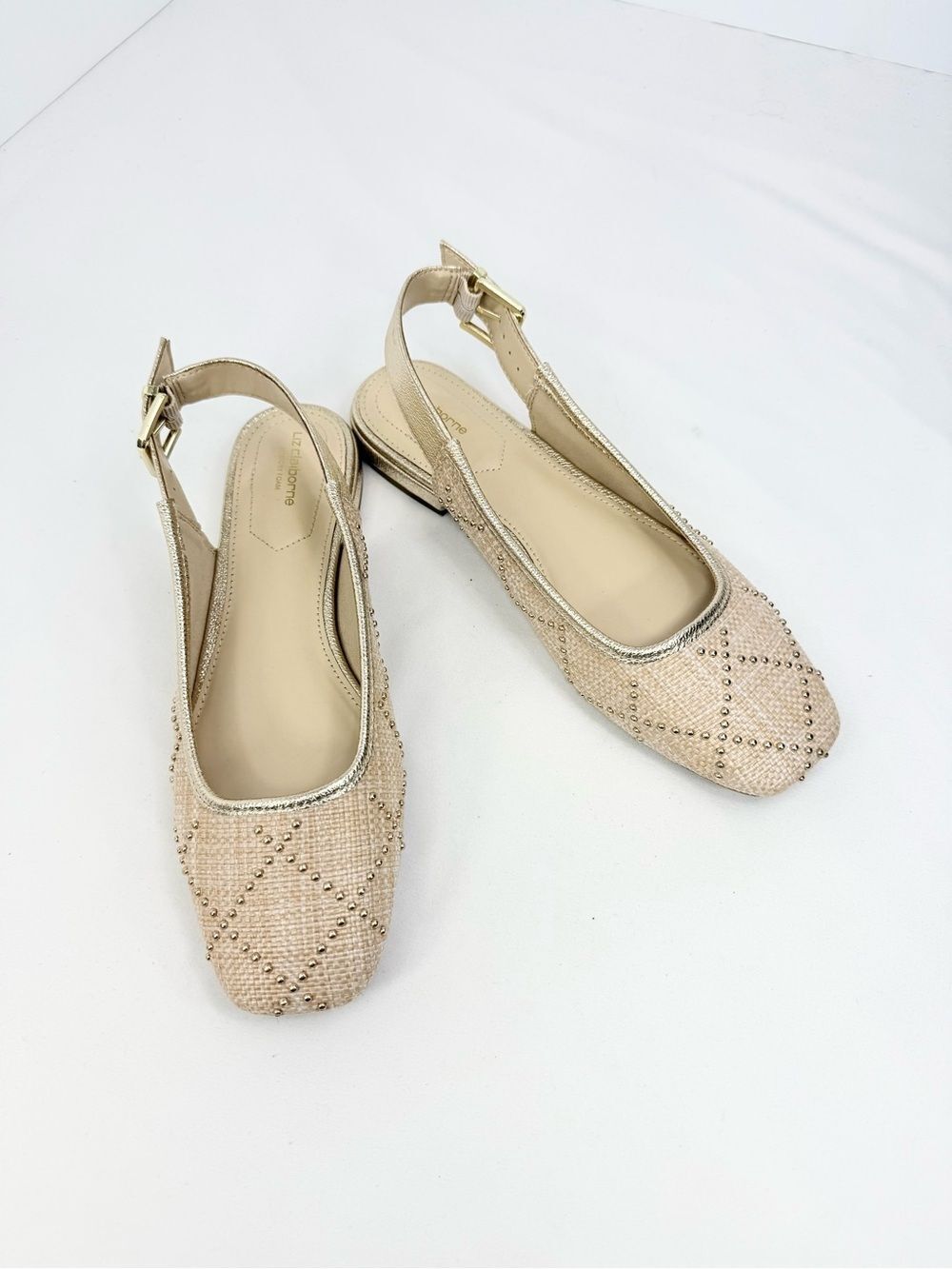 Liz Claiborne DEIRDRA Woven Raffia Metal Gold Studded Slingback Sandals NWOB